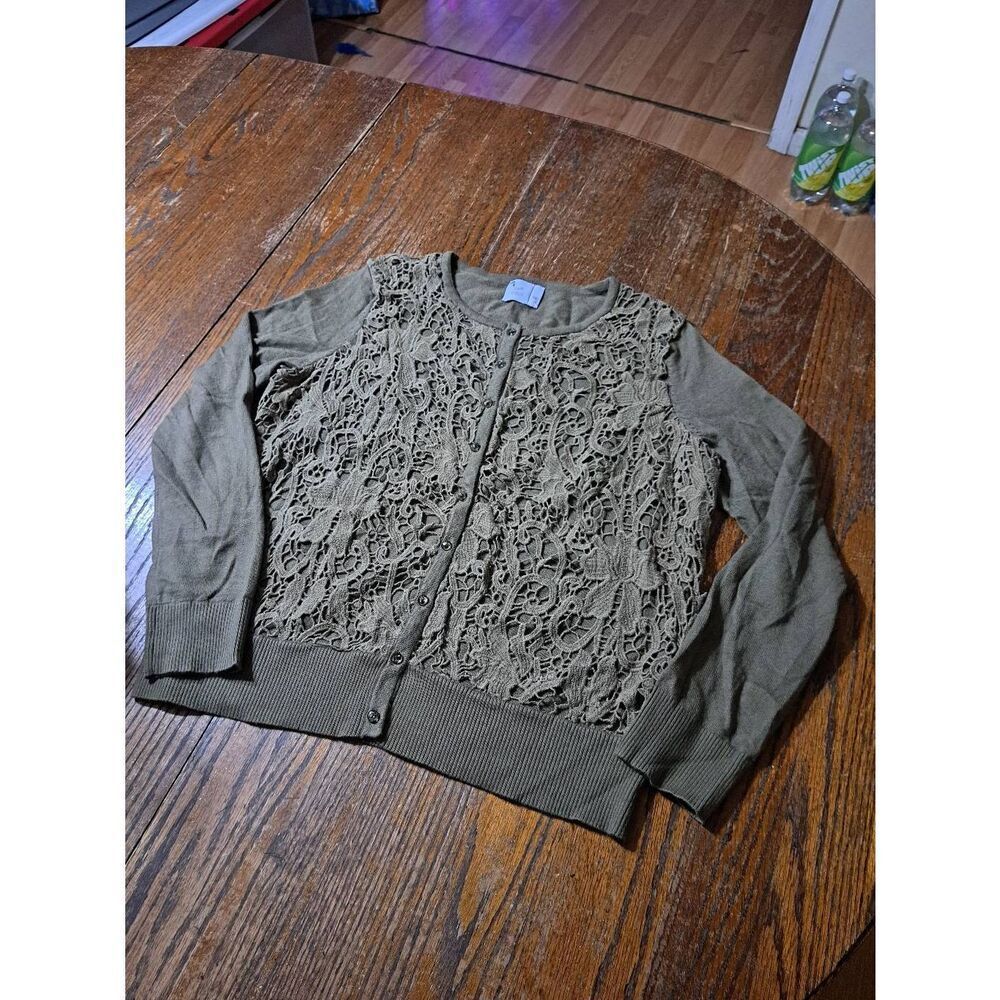 Small J Jill Brown Long Sleeve Button Crochet Lace Front Knit Sweater Cardigan